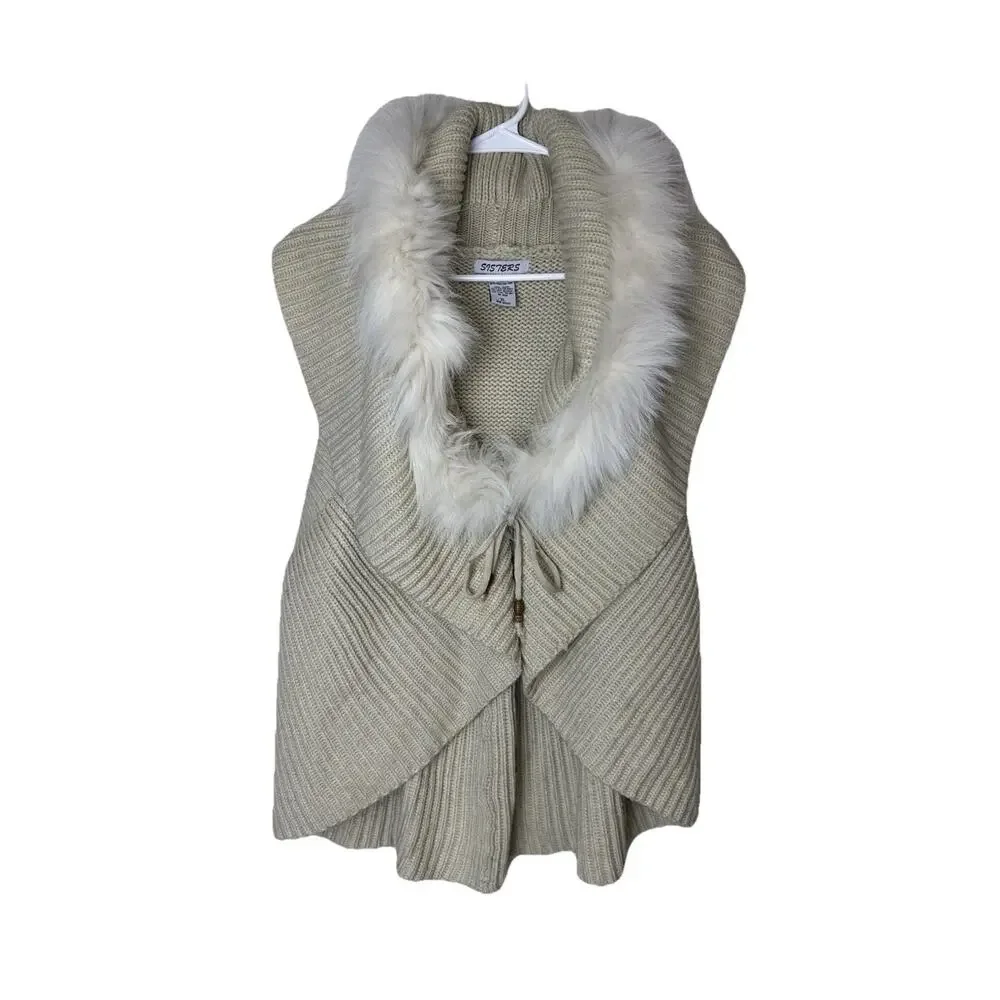 Sisters Sweater Vest Womens XL Faux Fur Trim Ruffle Waterfall Tan White Cream - Picture 1 of 7